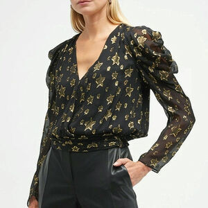Ramy Brook Cally Star Blouse Black Gold Metallic Puff Sleeve V Neck Small Chic